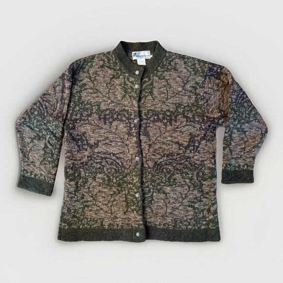 Vintage Whortleberry Scotland Wool Cardigan Sweater M Green Floral Knit - Picture 1 of 10